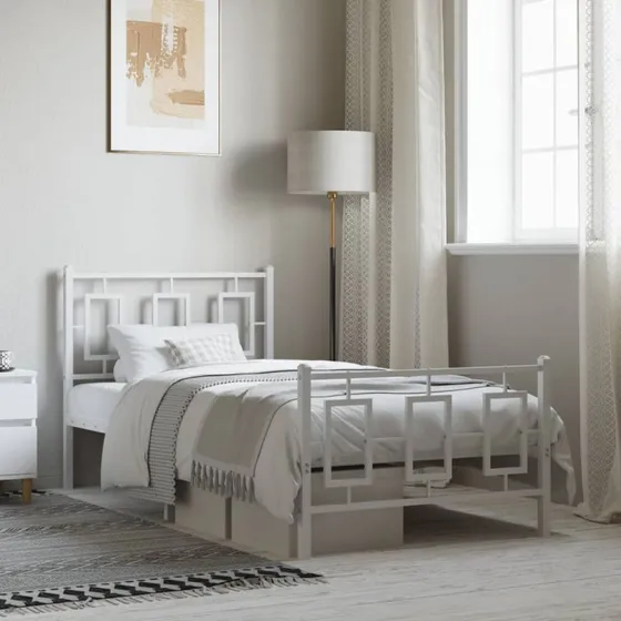 vidaXL Sengeramme 90x200 cm metal hvid med sengegavl og fodgærde