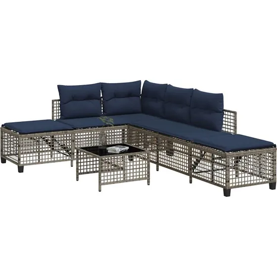 vidaXL 3-delt hjørnehavesofasæt grå polyrattan med marineblå hynder