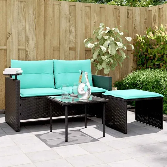 vidaXL havesofasæt 3 dele sort polyrattan med turkise hynder