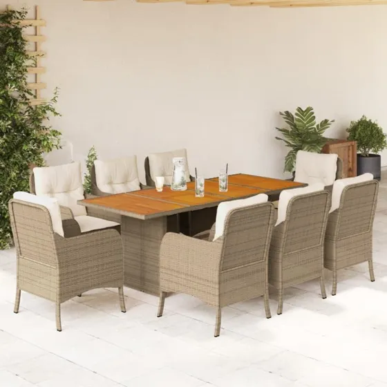 vidaXL 9-delers polyrattan spisebordssæt med hynder, beige