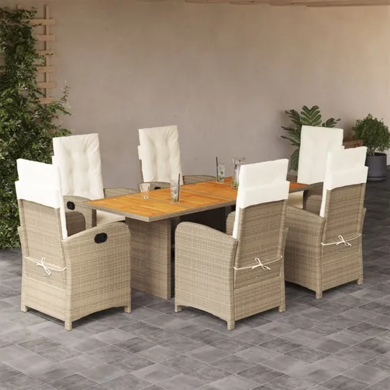 vidaXL 7-deligt spisebordssæt med hynder i polyrattan, beige