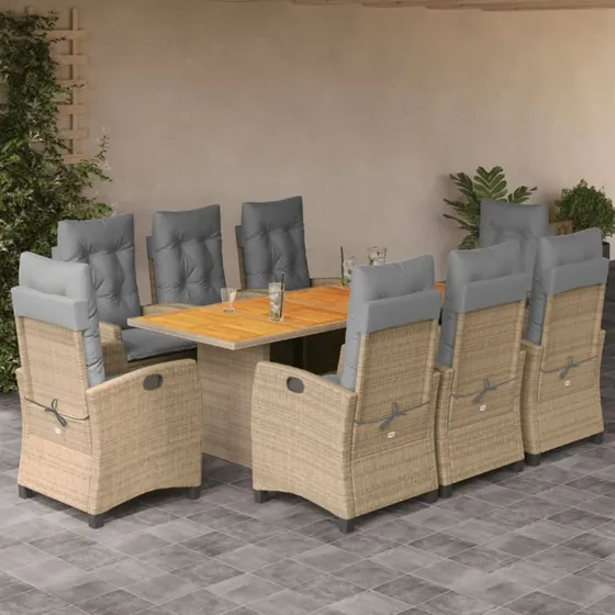 vidaXL 9-delers polyrattan spisebordssæt beige med hynder