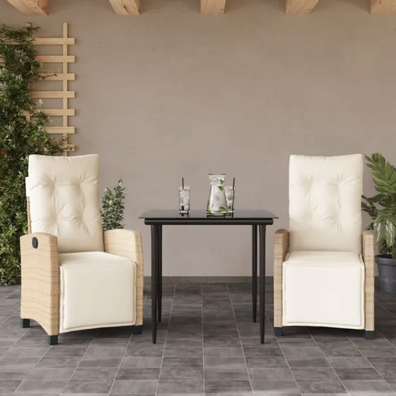 vidaXL 3-deligt spisebordssæt i polyrattan med hærdet glasplade, beige