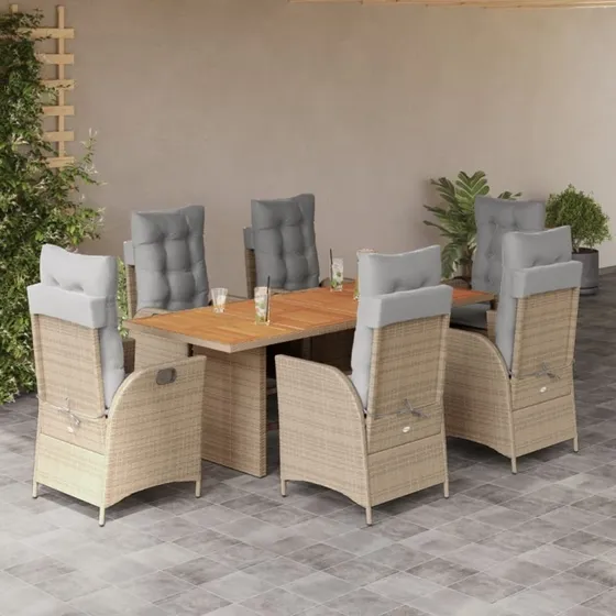 vidaXL 7-deligt spisebordssæt med hynder i polyrattan, beige