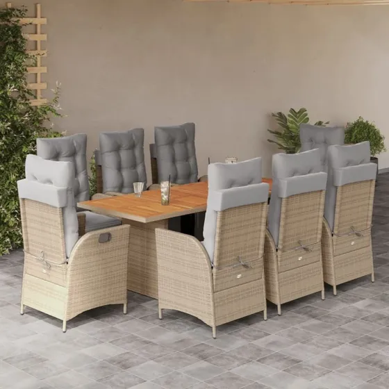 vidaXL 9-delers polyrattan spisebordssæt med hynder, beige