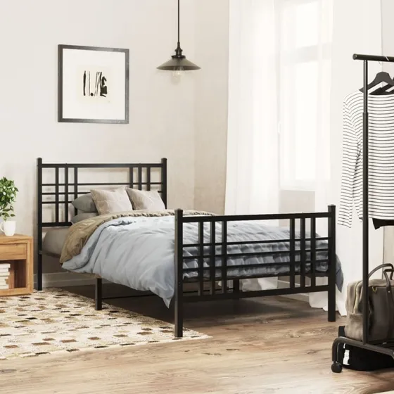 vidaXL Sengeramme 90x200 cm metal sort med sengegavl og fodgærde
