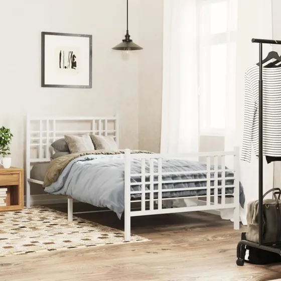 vidaXL Sengeramme 90x190 cm metal hvid med gavl og fodgærde