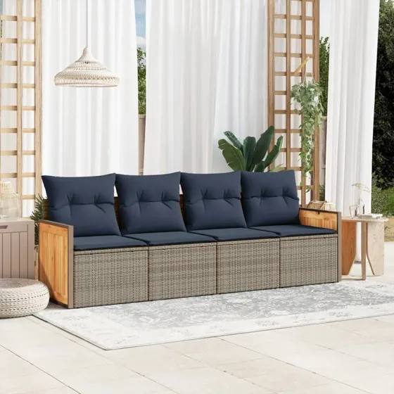 vidaXL Havesofasæt 4 dele grå polyrattan med marineblå hynder
