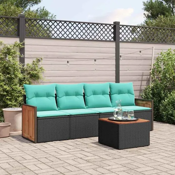 vidaXL havesofasæt 5 dele sort polyrattan med blå hynder