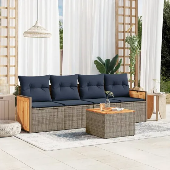 vidaXL havesofasæt 5 dele grå polyrattan med marineblå puder