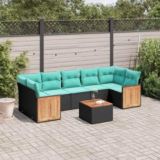 vidaXL 8-delt havesofasæt sort polyrattan med blå hynder