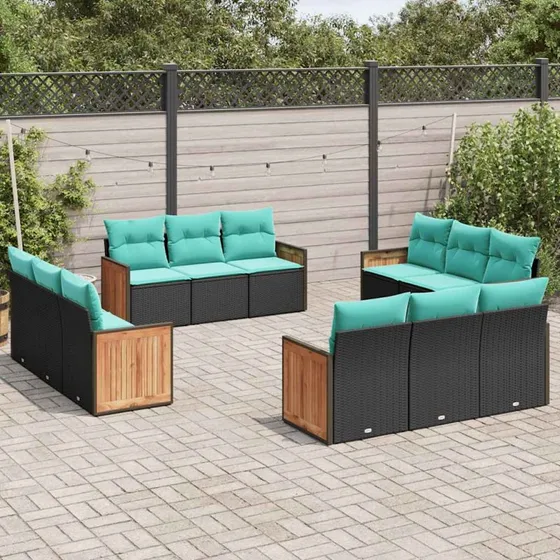 vidaXL 12-delt havesofasæt sort polyrattan med blå hynder