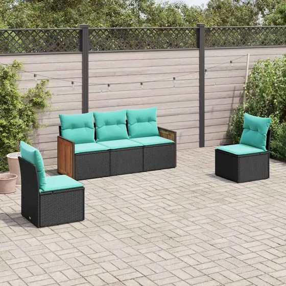 vidaXL Havesofasæt 5 dele sort polyrattan med blå hynder