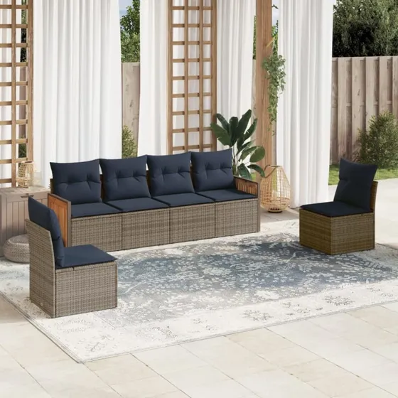vidaXL havesofasæt 6 dele grå polyrattan med marineblå hynder