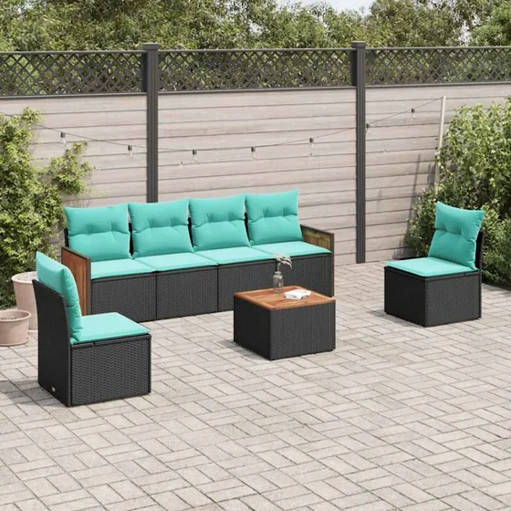 vidaXL Havesofasæt 7 hynder sort polyrattan