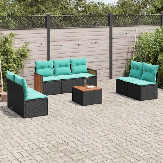 vidaXL 8-delt havesofasæt sort polyrattan med blå hynder