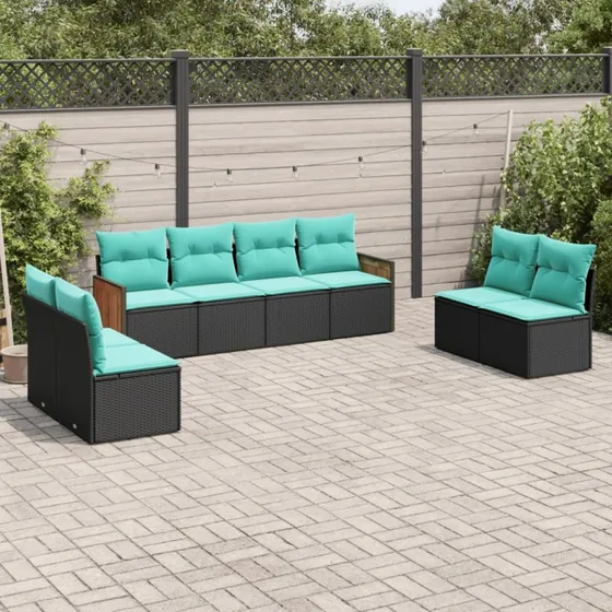 vidaXL 8-delt havesofasæt sort polyrattan med blå hynder