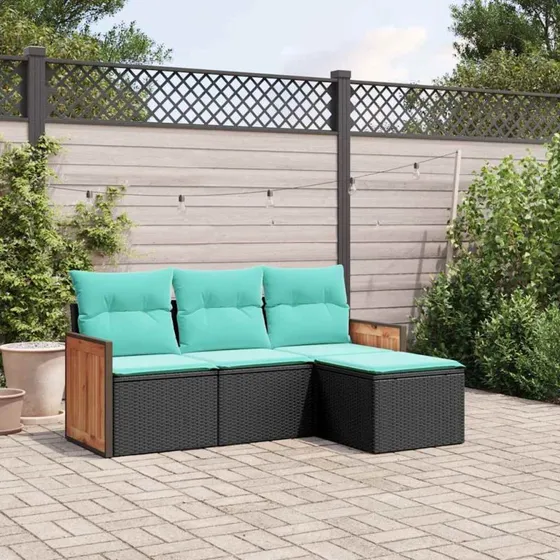 vidaXL havesofasæt 4 dele sort polyrattan med blå hynder