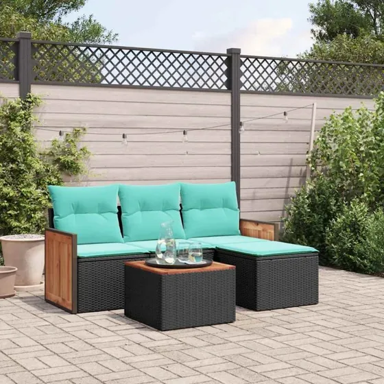 vidaXL havesofasæt 5 dele sort polyrattan med blå hynder