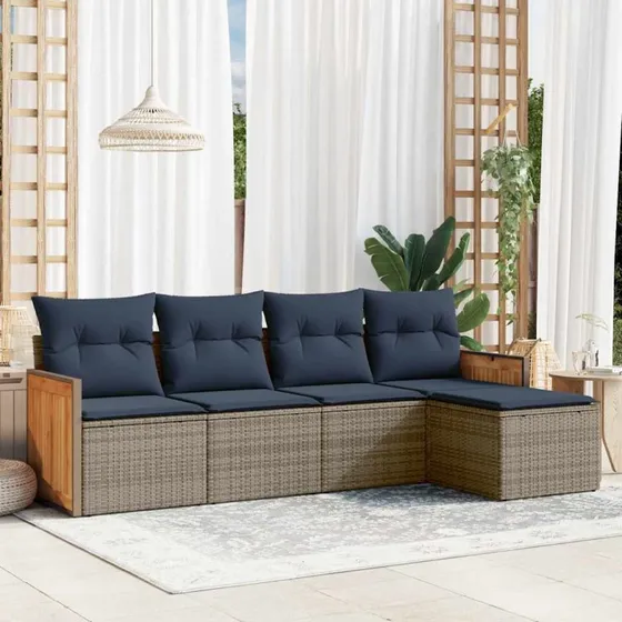 vidaXL 5-del havesofasæt med grå polyrattan og marineblå hynder