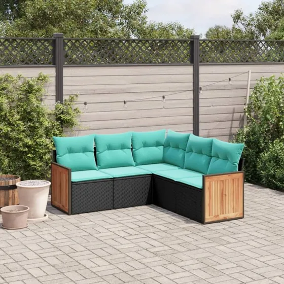 vidaXL havesofasæt 5 dele sort polyrattan med blå hynder