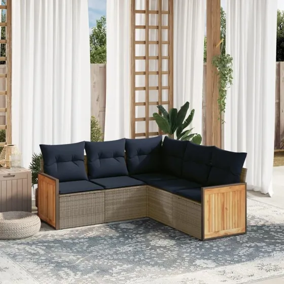 vidaXL Havesofasæt 5 dele grå polyrattan med marineblå hynder