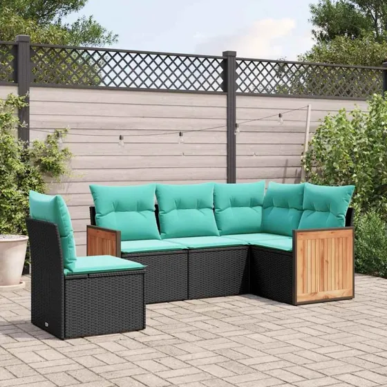 vidaXL havesofasæt 5 dele sort polyrattan med blå hynder
