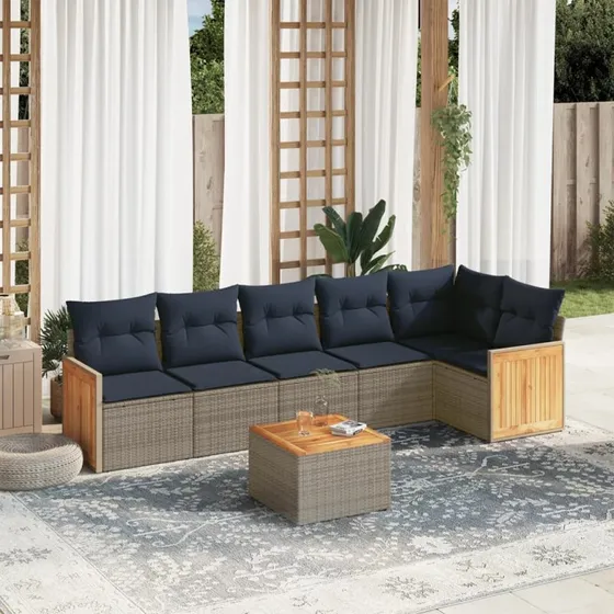 vidaXL Havesofasæt 7 dele grå polyrattan med marineblå hynder
