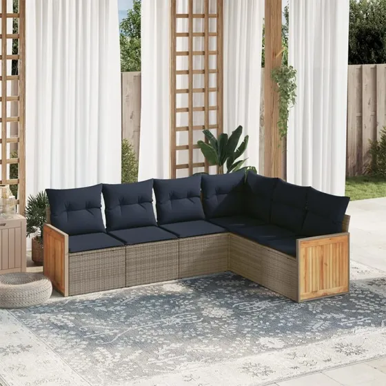 vidaXL havesofasæt 6 dele grå polyrattan med marineblå hynder
