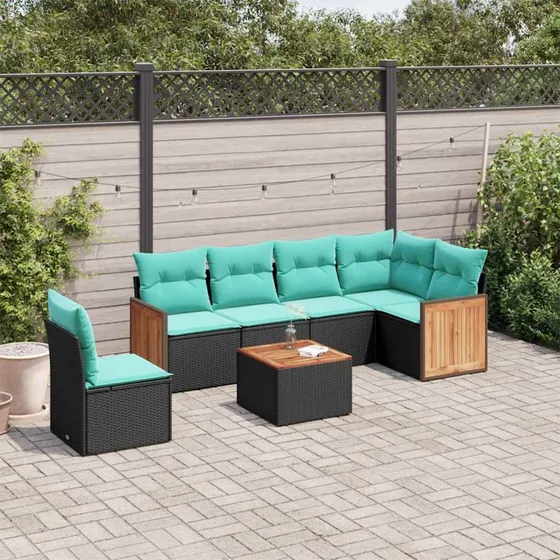 vidaXL havesofasæt 7 hynder sort polyrattan