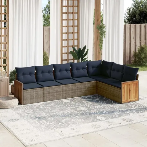 vidaXL Havesofasæt 7 dele grå polyrattan med marineblå hynder