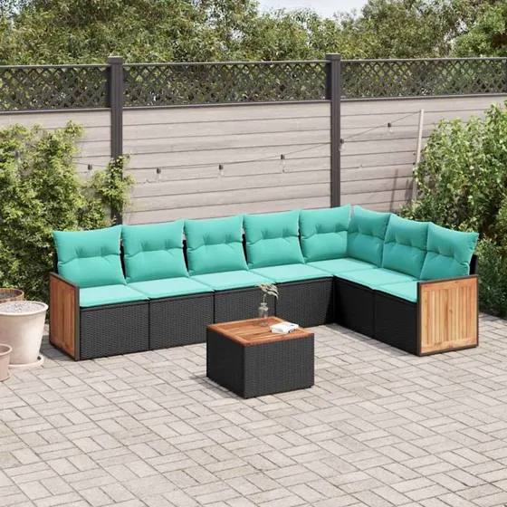 vidaXL 8-delt havesofasæt sort polyrattan med blå hynder