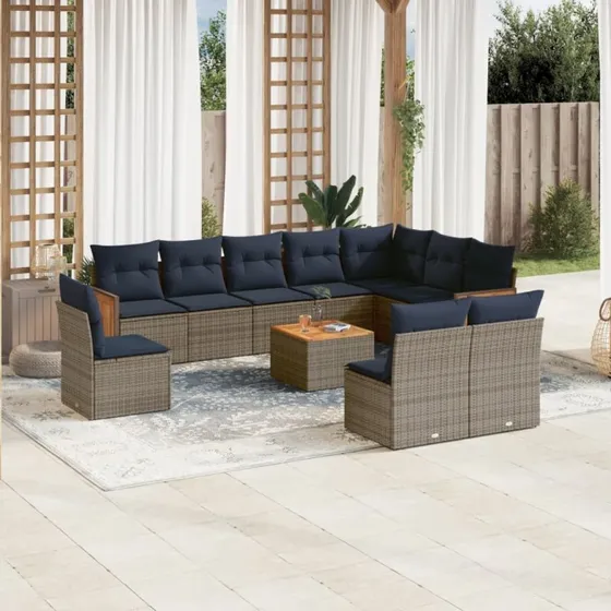 vidaXL 11-delt havesofasæt grå polyrattan med marineblå hynder