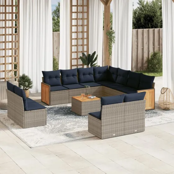 vidaXL 12-delt havesofasæt grå polyrattan med marineblå hynder