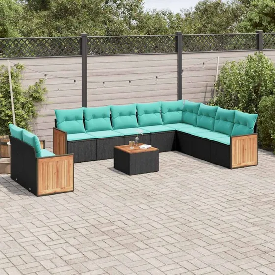 vidaXL 11-delt havesofasæt sort polyrattan med blå hynder