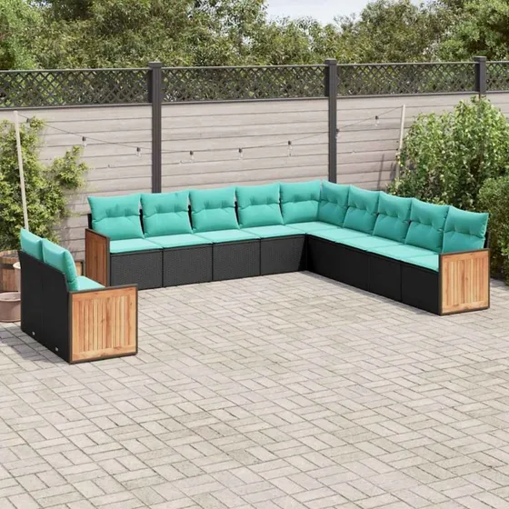 vidaXL 11-delt havesofasæt sort polyrattan med blå hynder
