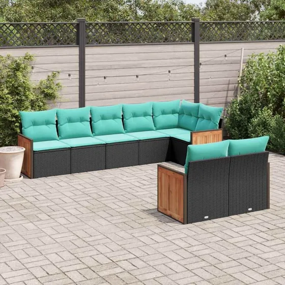 vidaXL 8-delt havesofasæt sort polyrattan med blå hynder