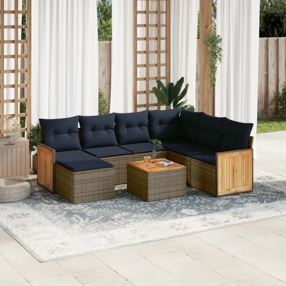 vidaXL havesofasæt 8 plads grå polyrattan med marineblå hynder