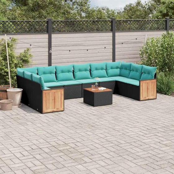 vidaXL 11-delt havesofasæt sort polyrattan med blå hynder