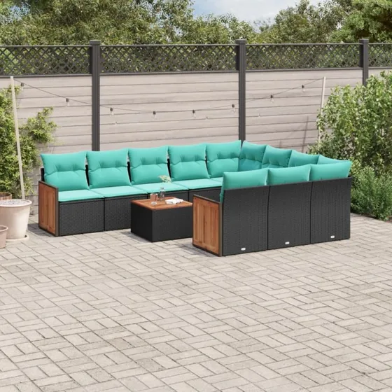 vidaXL 11-delt havesofasæt sort polyrattan med blå hynder