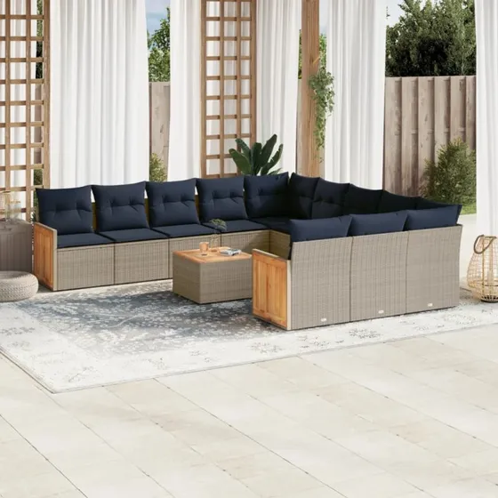 vidaXL 12-delt havesofasæt grå polyrattan med marineblå hynder