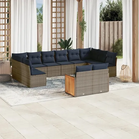 vidaXL 12-delt havesofasæt grå polyrattan med marineblå hynder
