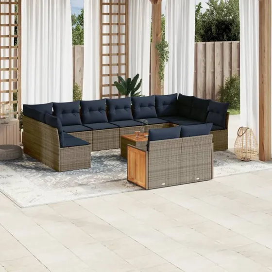 vidaXL 12-delt havesofasæt grå polyrattan med marineblå hynder