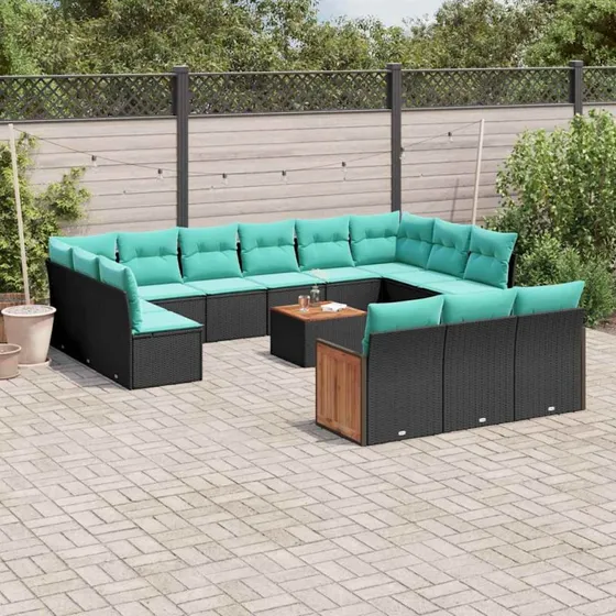 vidaXL 14-delt havesofasæt sort polyrattan med blå hynder