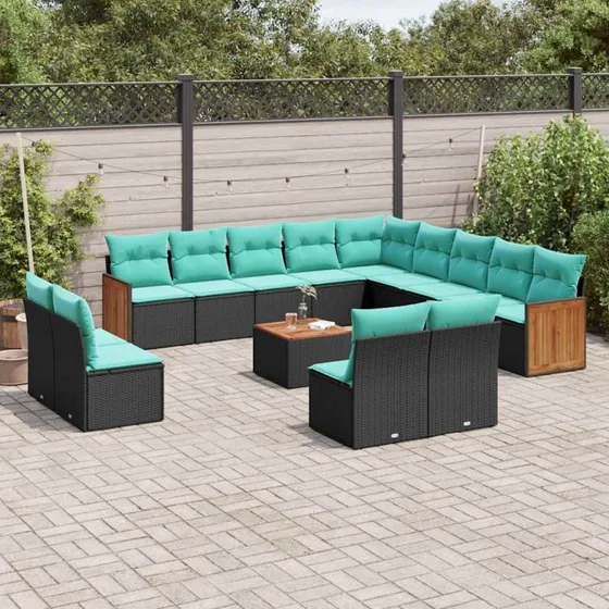 vidaXL 14-delt havesofasæt sort polyrattan med blå hynder