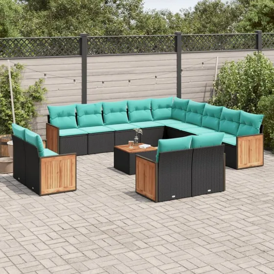 vidaXL 14-delt havesofasæt sort polyrattan med blå hynder