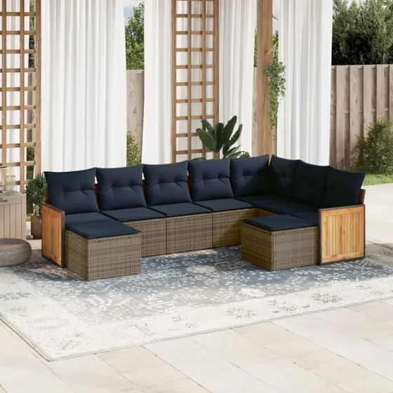 vidaXL 9-del havesofasæt grå polyrattan med marineblå hynder
