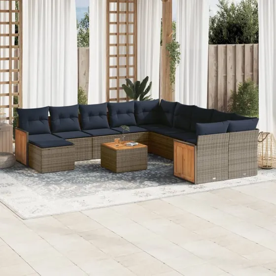 vidaXL 12-delt havesofasæt grå polyrattan med marineblå hynder