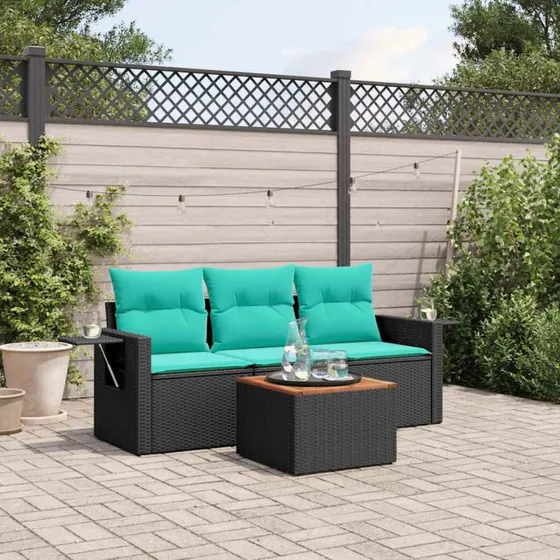 vidaXL havesofasæt 4 dele sort polyrattan med blå hynder
