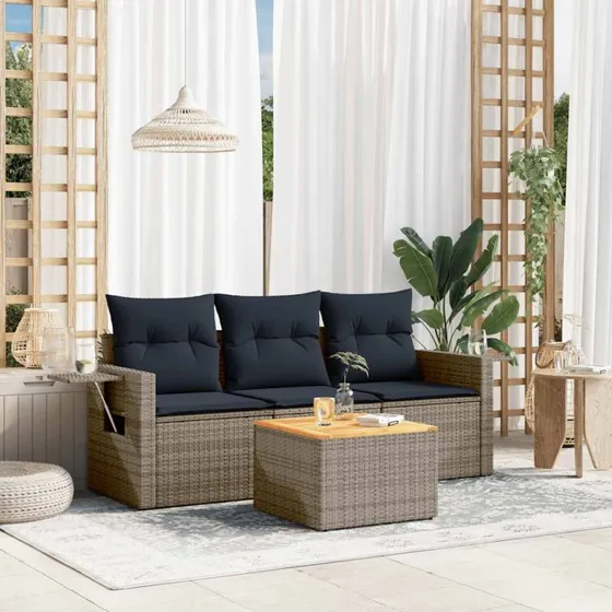 vidaXL Havesofasæt 4 dele grå polyrattan med marineblå hynder